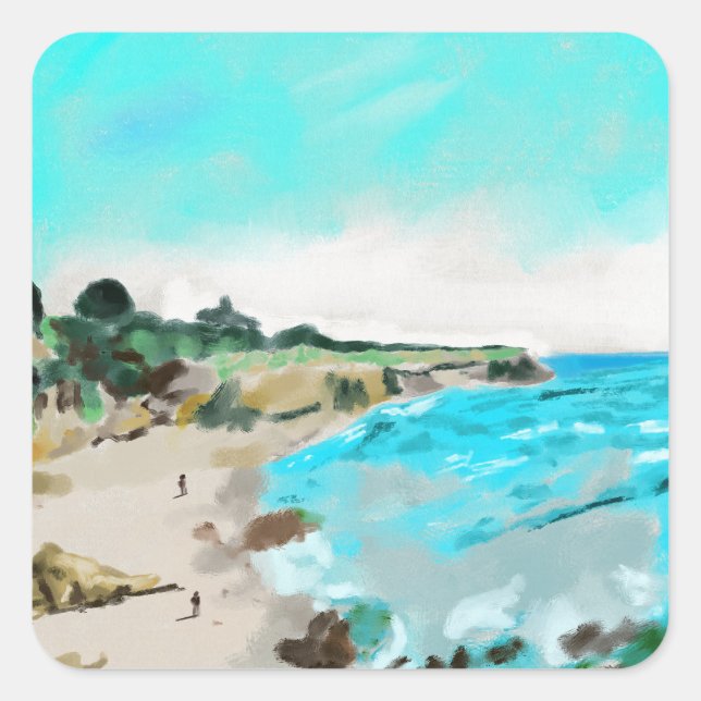 Seaside Hill and Beach Landscape Square Sticker (Front)
