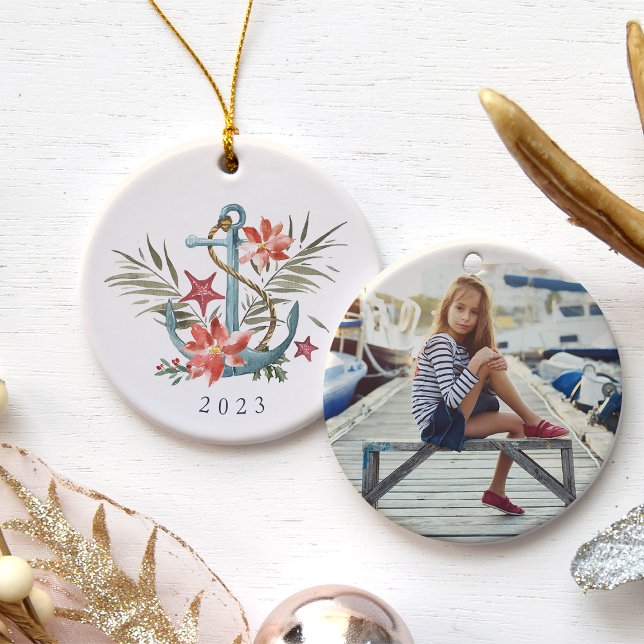 Seaside Holiday | Nautical Anchor Year & Photo Ceramic Ornament (Creator Uploaded)