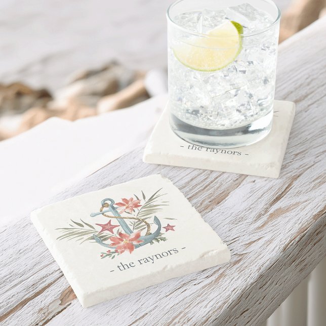 Seaside Holiday Personalized Family Name Stone Coaster (Creator Uploaded)
