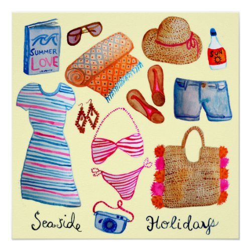 Seaside Holidays Packing List Watercolor Cute Poster
