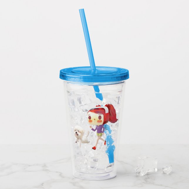 Seaside Jogging: Bunny Girl & Smiling Bichon Run Acrylic Tumbler (Front Ice)