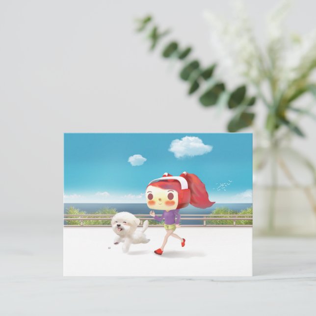 Seaside Jogging: Bunny Girl & Smiling Bichon Run Announcement Postcard (Standing Front)