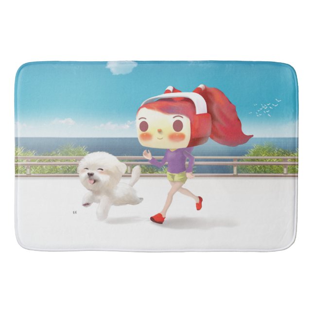 Seaside Jogging: Bunny Girl & Smiling Bichon Run Bath Mat (Front)