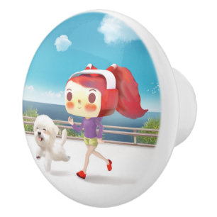 Seaside Jogging: Bunny Girl & Smiling Bichon Run Ceramic Knob