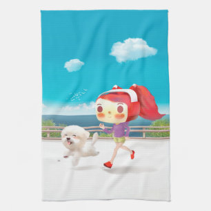 Seaside Jogging: Bunny Girl & Smiling Bichon Run Kitchen Towel