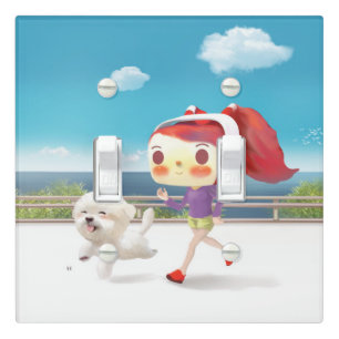 Seaside Jogging: Bunny Girl & Smiling Bichon Run Light Switch Cover