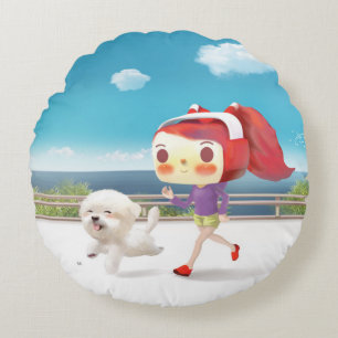 Seaside Jogging: Bunny Girl & Smiling Bichon Run Round Pillow
