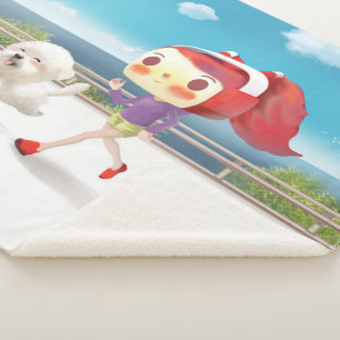Seaside Jogging: Bunny Girl & Smiling Bichon Run Sherpa Blanket