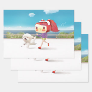 Seaside Jogging: Bunny Girl & Smiling Bichon Run Wrapping Paper Sheets