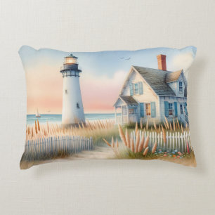 Seaside Lighthouse & Cottage Watercolor Scene Accent Pillow