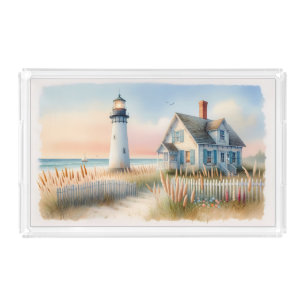 Seaside Lighthouse & Cottage Watercolor Scene Acrylic Tray