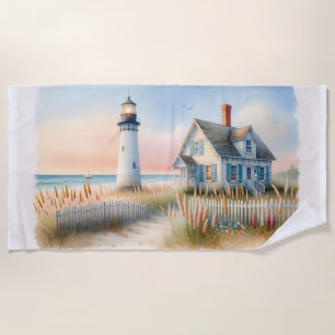 Seaside Lighthouse & Cottage Watercolor Scene Beach Towel