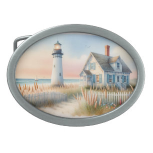 Seaside Lighthouse & Cottage Watercolor Scene Belt Buckle
