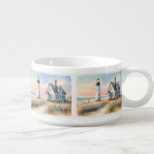 Seaside Lighthouse & Cottage Watercolor Scene Bowl