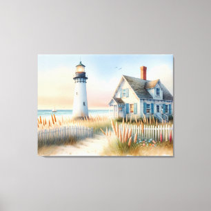 Seaside Lighthouse & Cottage Watercolor Scene Canvas Print