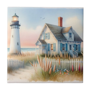 Seaside Lighthouse & Cottage Watercolor Scene Ceramic Tile
