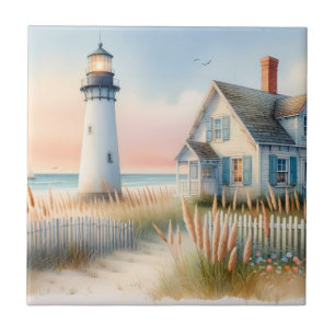 Seaside Lighthouse & Cottage Watercolor Scene Ceramic Tile