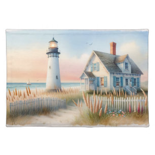 Seaside Lighthouse & Cottage Watercolor Scene Cloth Placemat