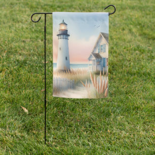 Seaside Lighthouse & Cottage Watercolor Scene Garden Flag