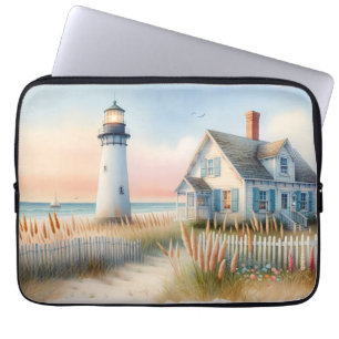 Seaside Lighthouse & Cottage Watercolor Scene Laptop Sleeve