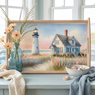 Seaside Lighthouse & Cottage Watercolor Scene Serving Tray