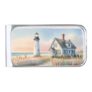 Seaside Lighthouse & Cottage Watercolor Scene Silver Finish Money Clip