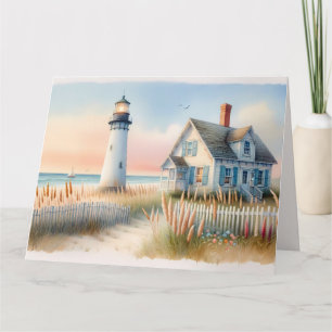 Seaside Lighthouse & Cottage Watercolor Scene Thank You Card
