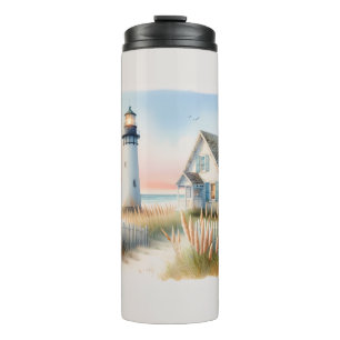 Seaside Lighthouse & Cottage Watercolor Scene Thermal Tumbler