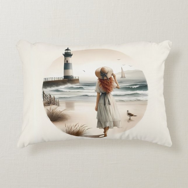 Seaside Lighthouse Stroll Accent Pillow (Front)