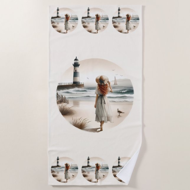 Seaside Lighthouse Stroll Beach Towel (Front)