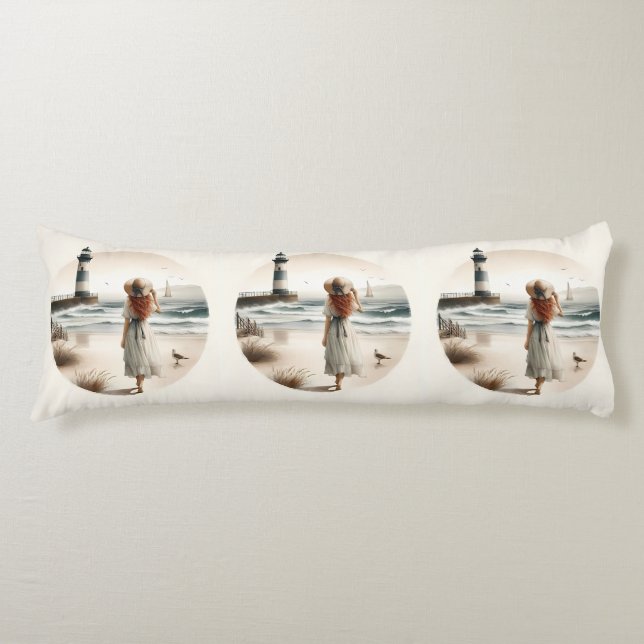 Seaside Lighthouse Stroll Body Pillow (Front)