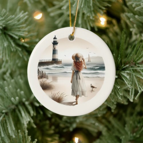 Seaside Lighthouse Stroll  Ceramic Ornament