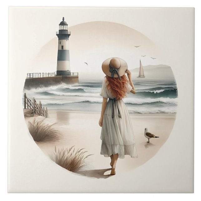 Seaside Lighthouse Stroll Ceramic Tile (Front)