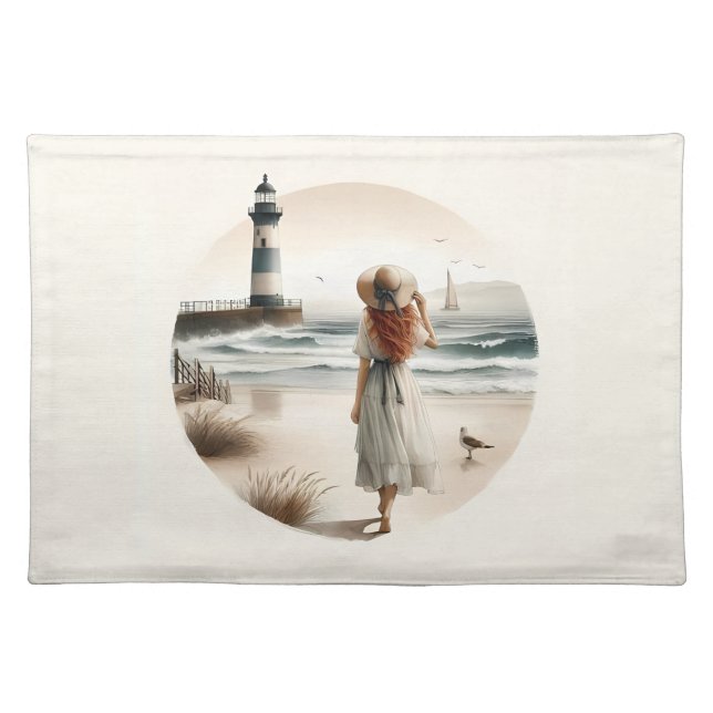 Seaside Lighthouse Stroll Cloth Placemat (Front)