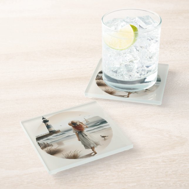 Seaside Lighthouse Stroll Glass Coaster (Angled)