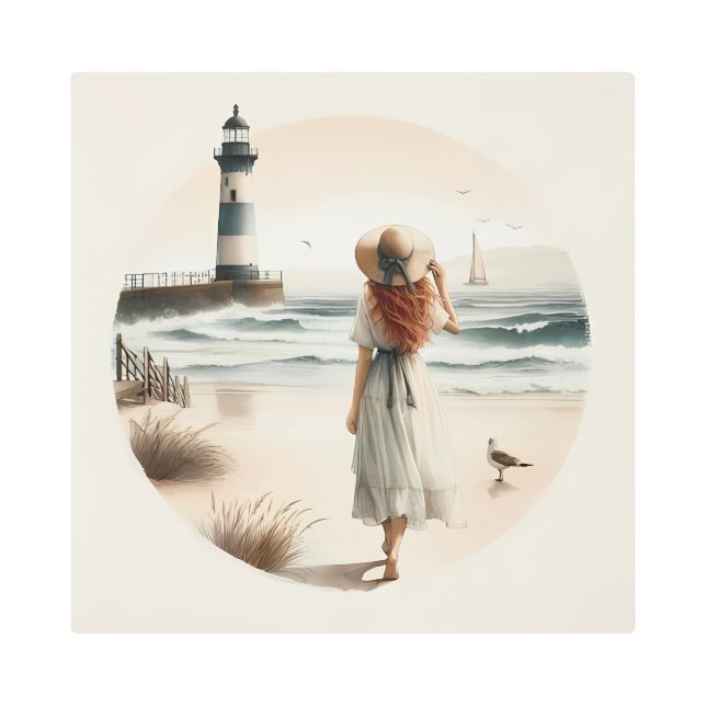 Seaside Lighthouse Stroll Metal Print (Front)