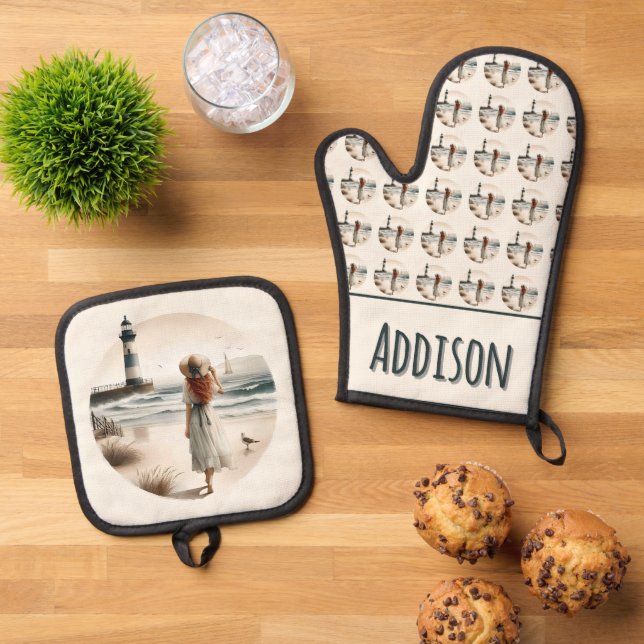 Seaside Lighthouse Stroll Oven Mitt & Pot Holder Set (Top Down)