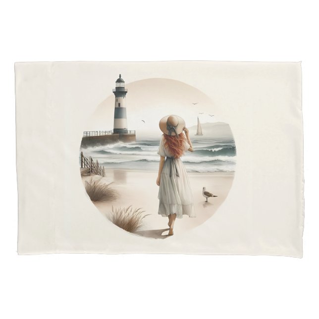 Seaside Lighthouse Stroll Pillow Case (Front)