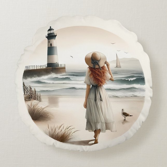Seaside Lighthouse Stroll Round Pillow (Front)