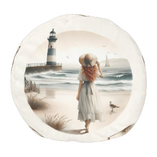 Seaside Lighthouse Stroll Round Pouf