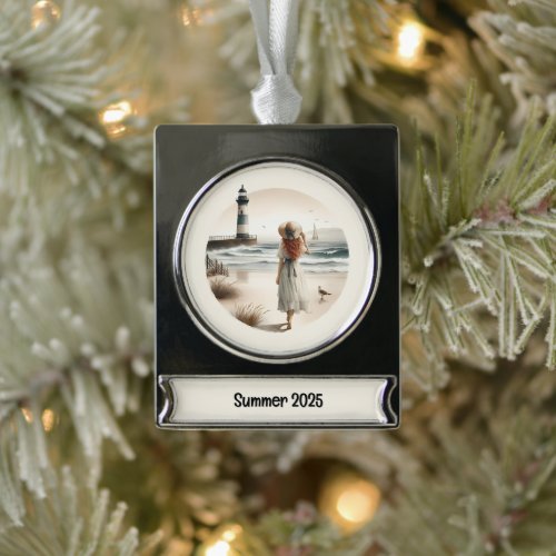 Seaside Lighthouse Stroll  Silver Plated Banner Ornament