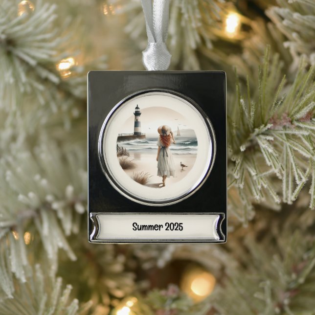 Seaside Lighthouse Stroll  Silver Plated Banner Ornament (Tree)