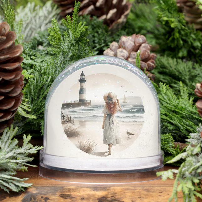 Seaside Lighthouse Stroll Snow Globe (Winter)