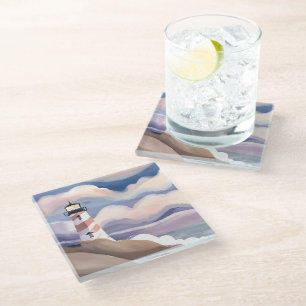 Seaside Lighthouse   Watercolor Ocean Painting Glass Coaster