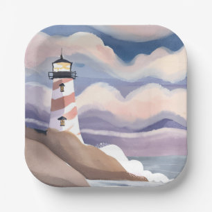 Seaside Lighthouse   Watercolor Ocean Painting Paper Plates