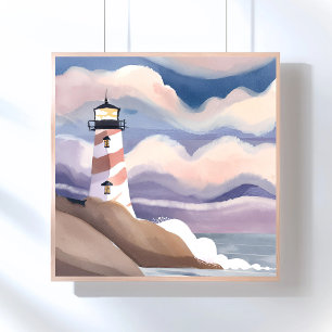 Seaside Lighthouse   Watercolor Ocean Painting Poster