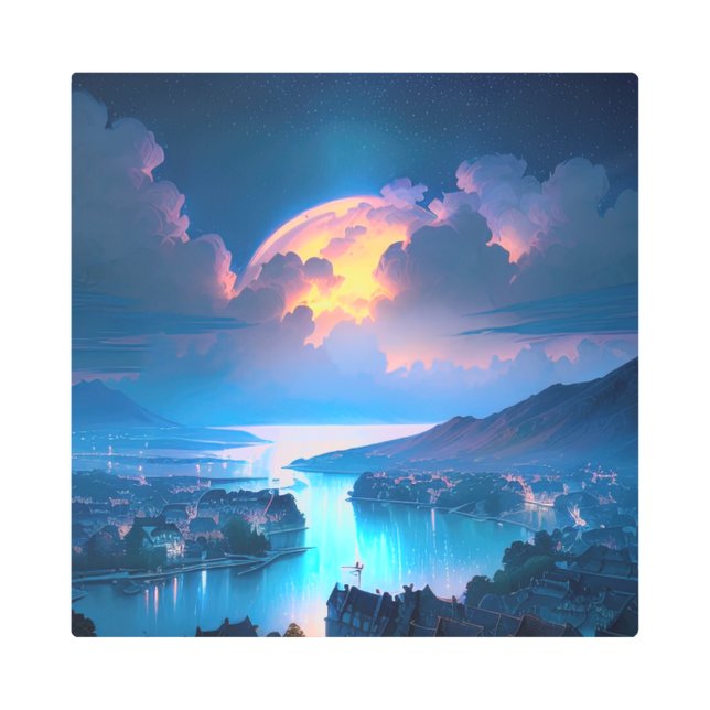 Seaside Nightscape, coastal town Metal Print (Front)