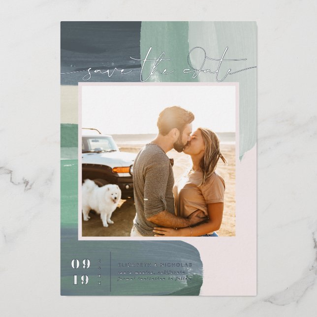 Seaside Ocean Glass | Photo Save The Date Foil Invitation (Front)