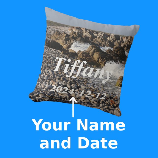 Seaside Ocean Memories Named Keepsake Photo Throw Pillow (Front Angle with Background)