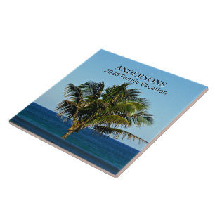 Seaside Palm Moment Family Name & Trip Year Ceramic Tile
